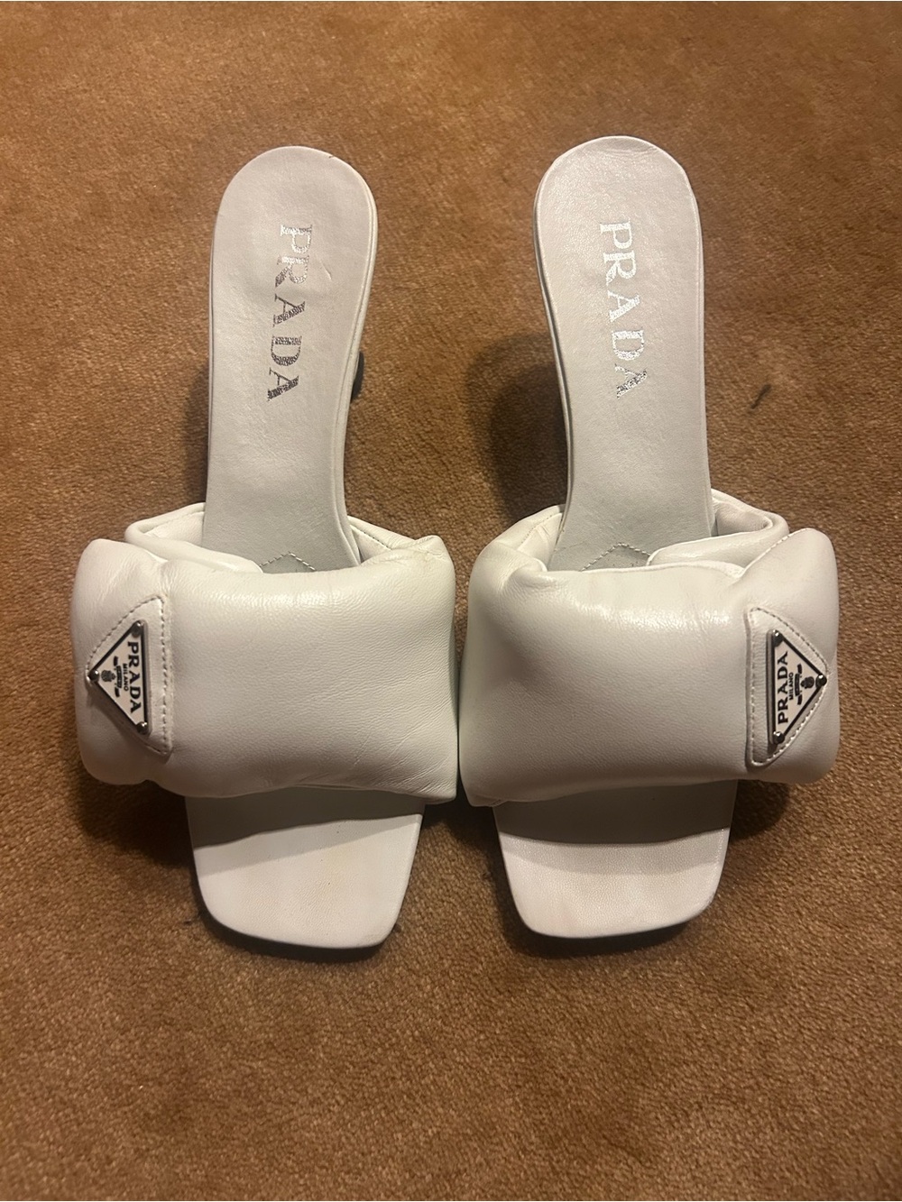 Prada White Padded Slide Mules with Logo Triangle